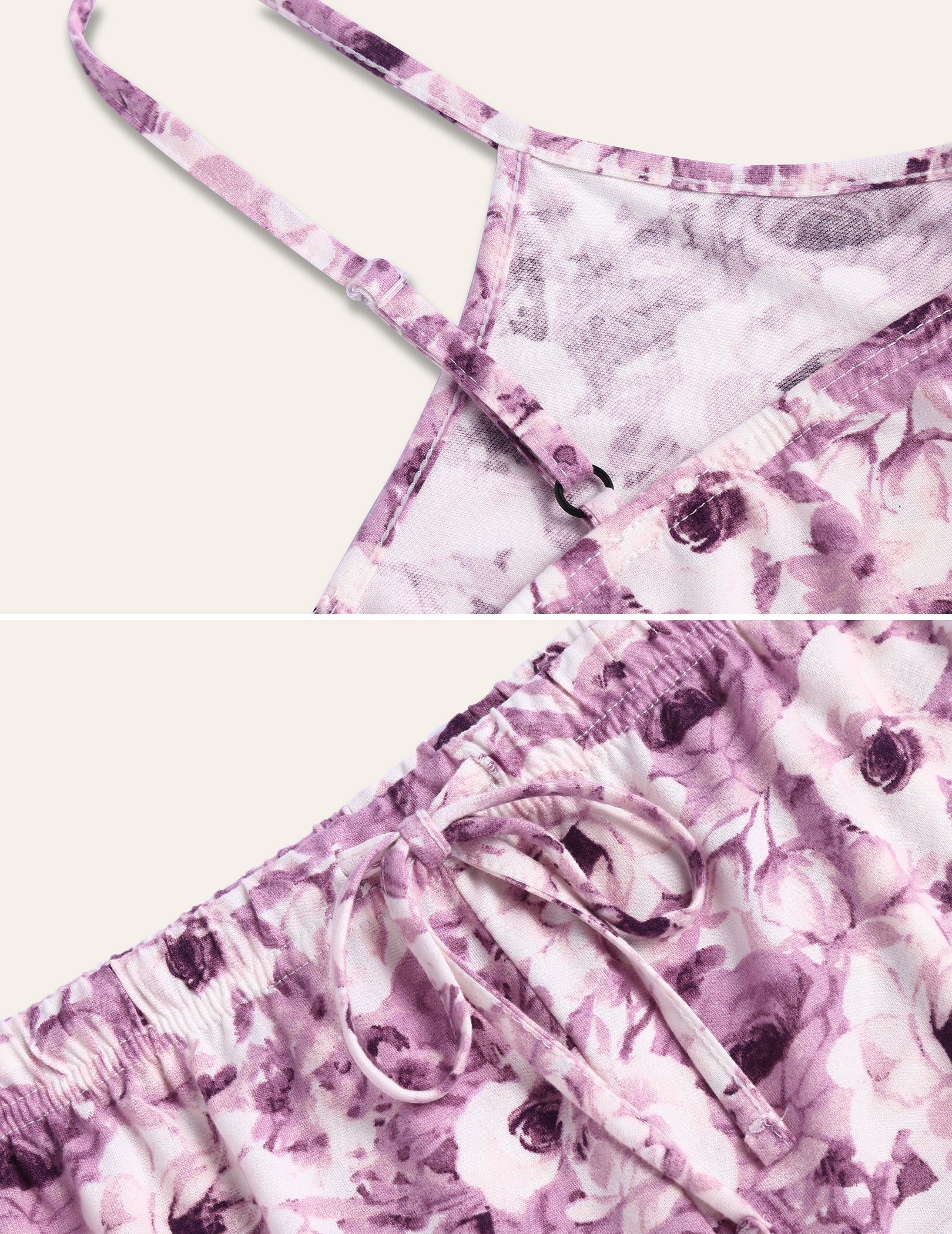 Women’s pajama camisole and shorts set, lilac floral print fabric details