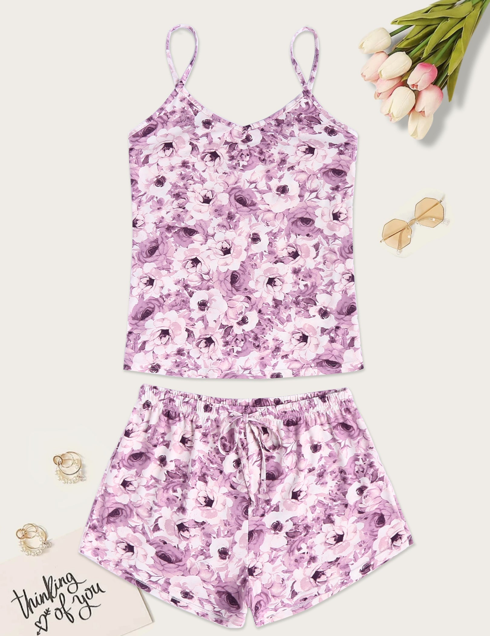 Women’s pajama camisole and shorts set, purple floral print