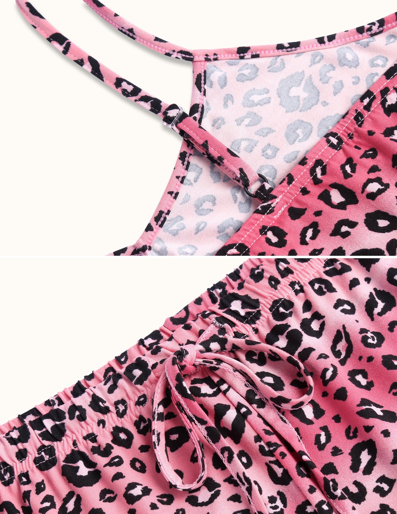 Women’s pajama camisole and shorts set, pink and black leopard print detail
