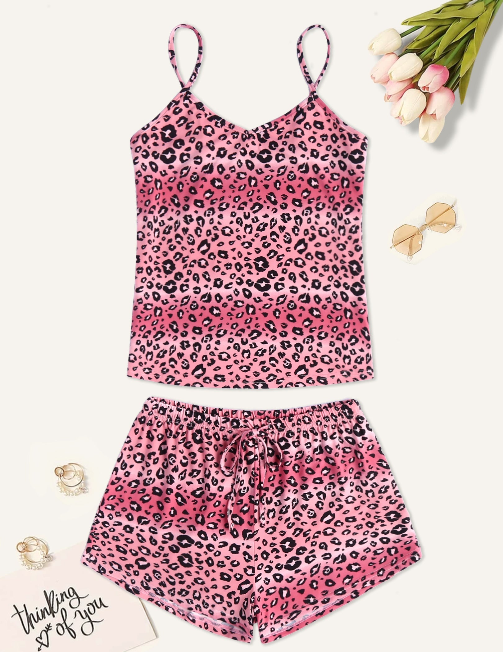 Women’s pajama camisole and shorts set, pink leopard print