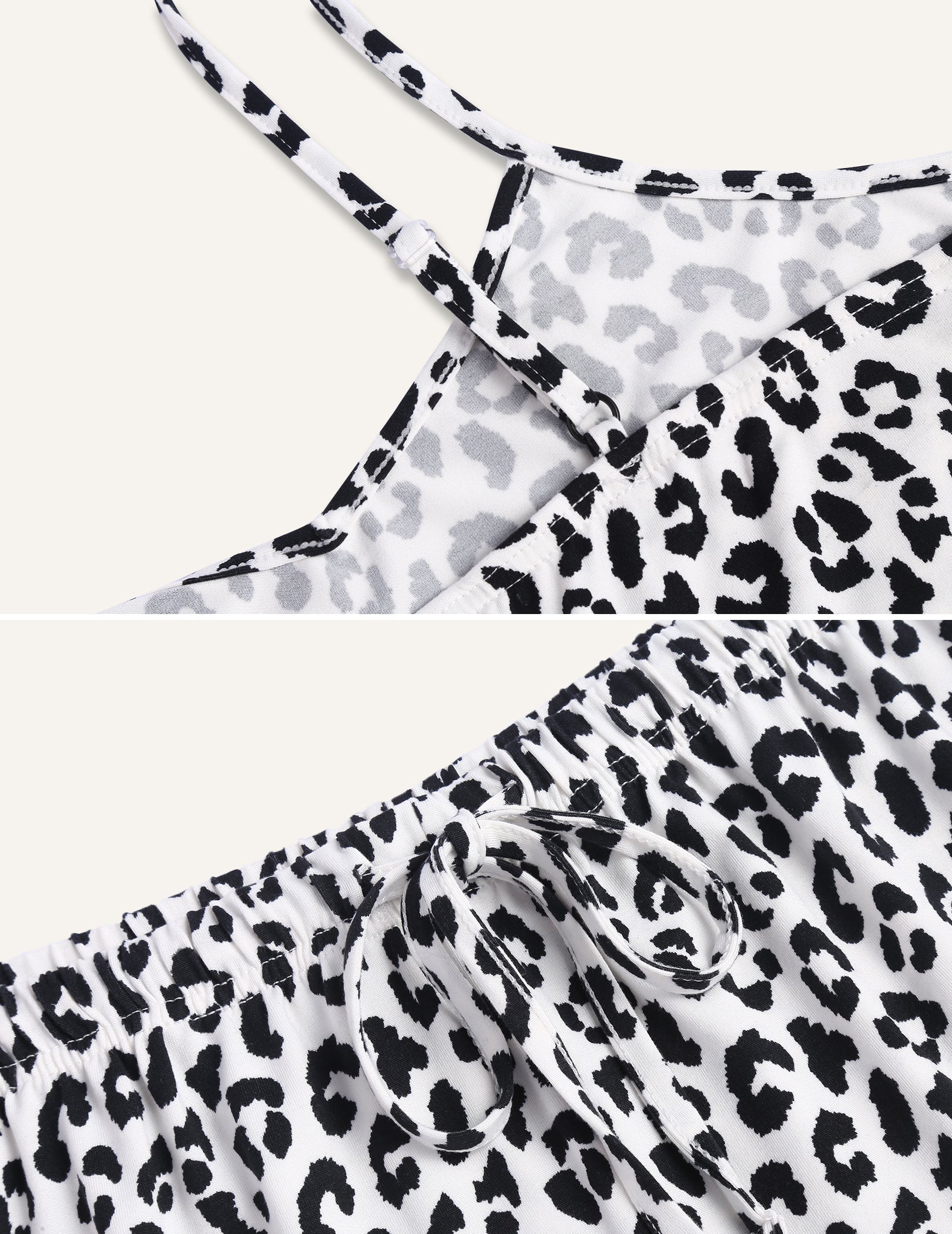 Women’s pajama camisole and shorts set, monochrome leopard print fabric detail