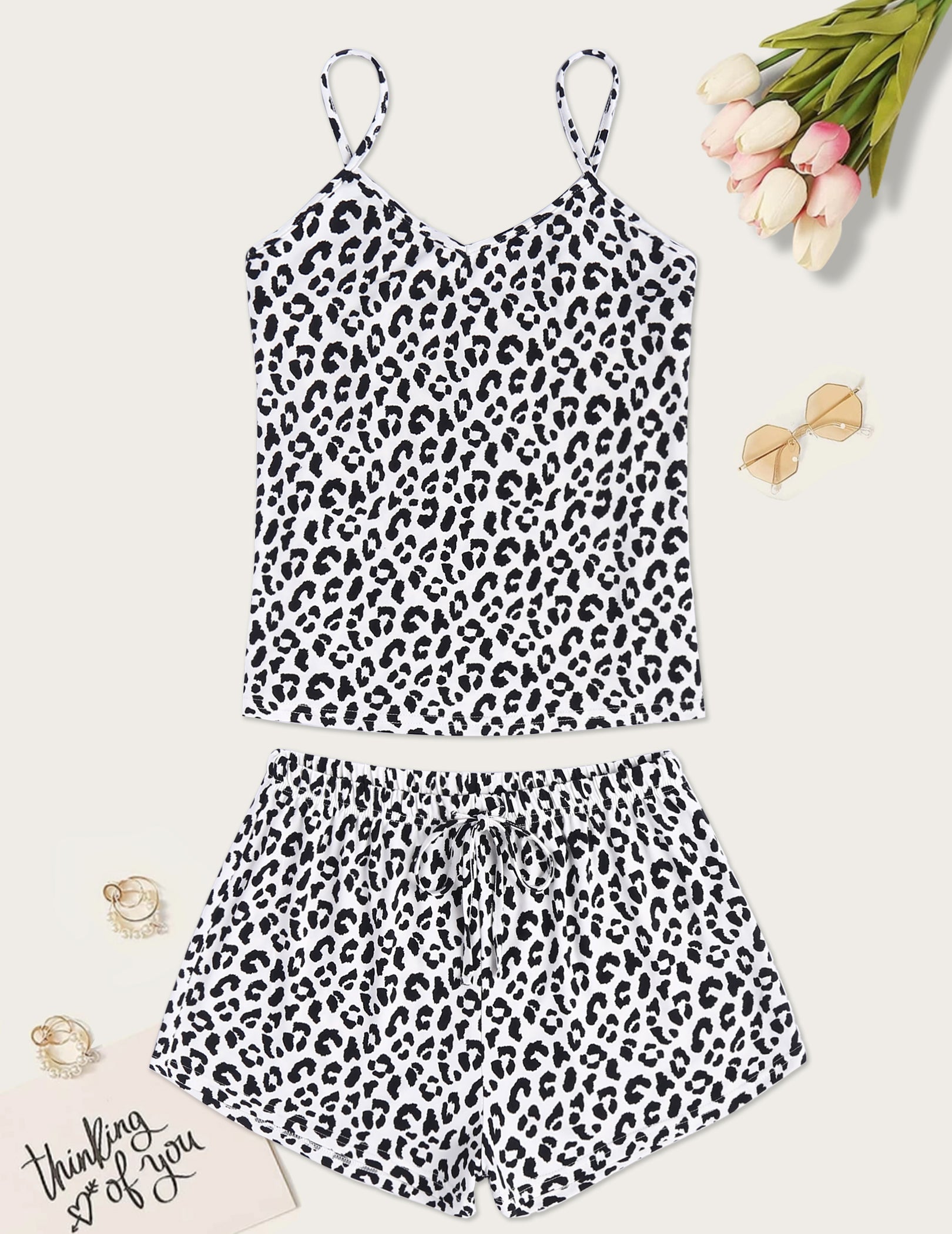 Women’s pajama camisole and shorts set, white and black leopard print