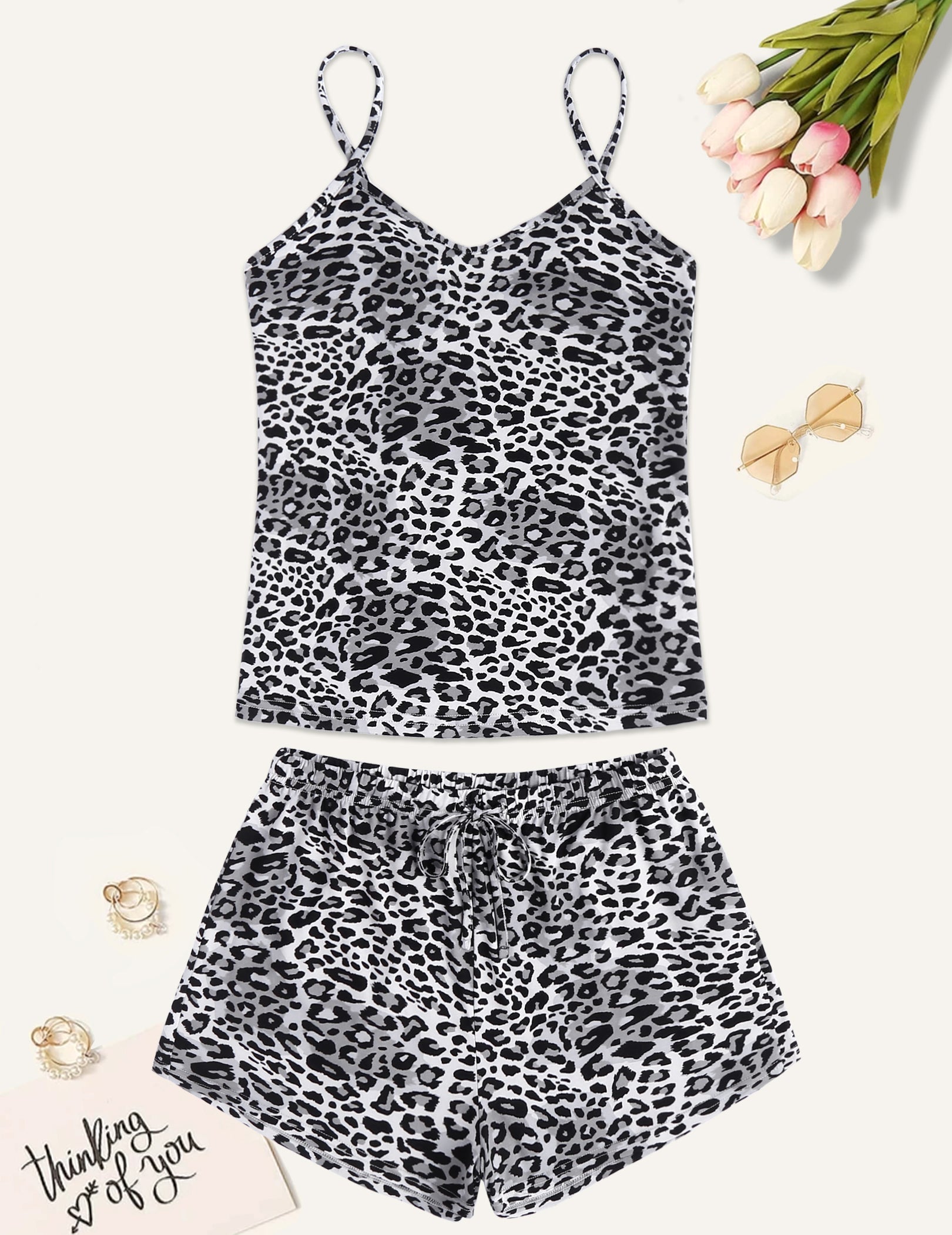 Women’s pajama camisole and shorts set, gray and black leopard print