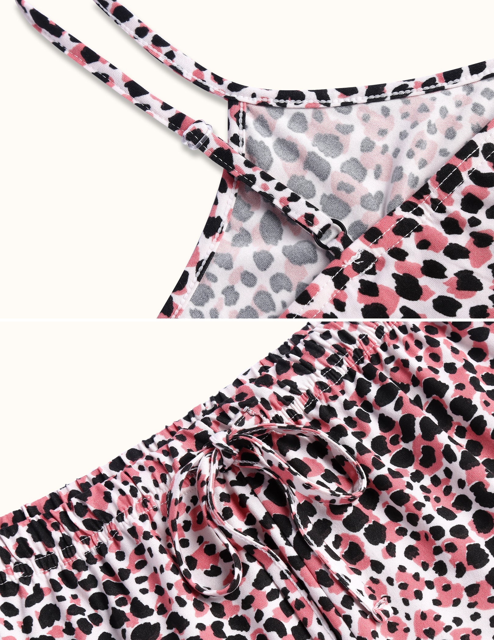 Women’s pajama camisole and shorts set, pink and black leopard print fabric detail