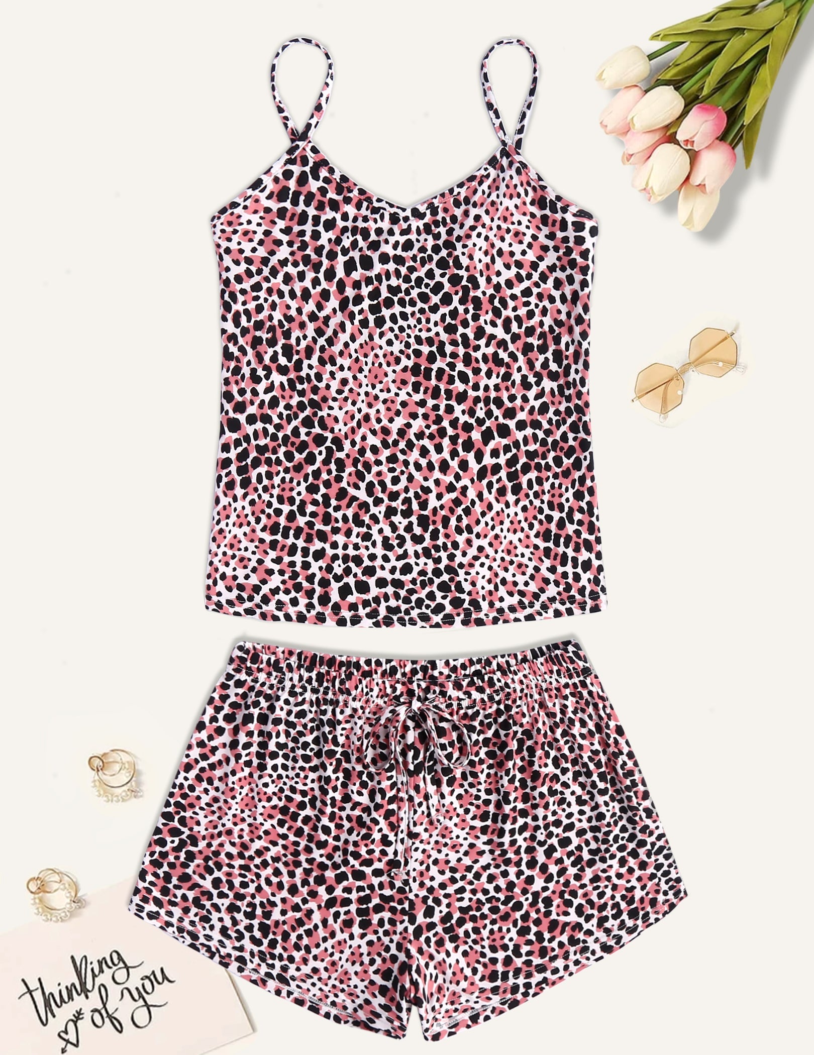 Women’s pajama camisole and shorts set, pink and black leopard print