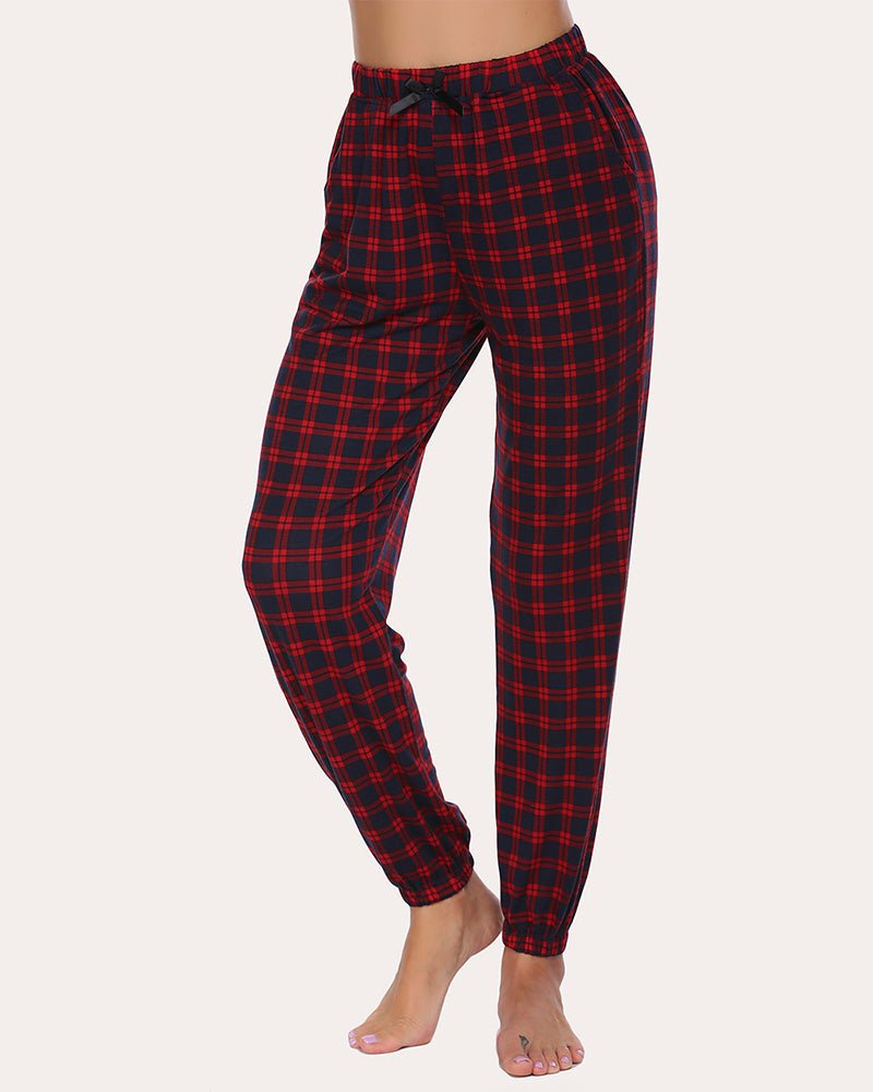 Red plaid long lounge pants with drawstring waistband and elastic ankle cuffs