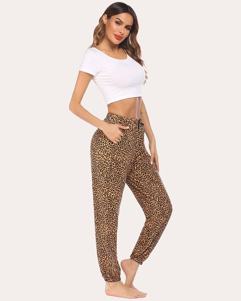 Leopard patterned jogger-style lounge pants with drawstring and tapered fit