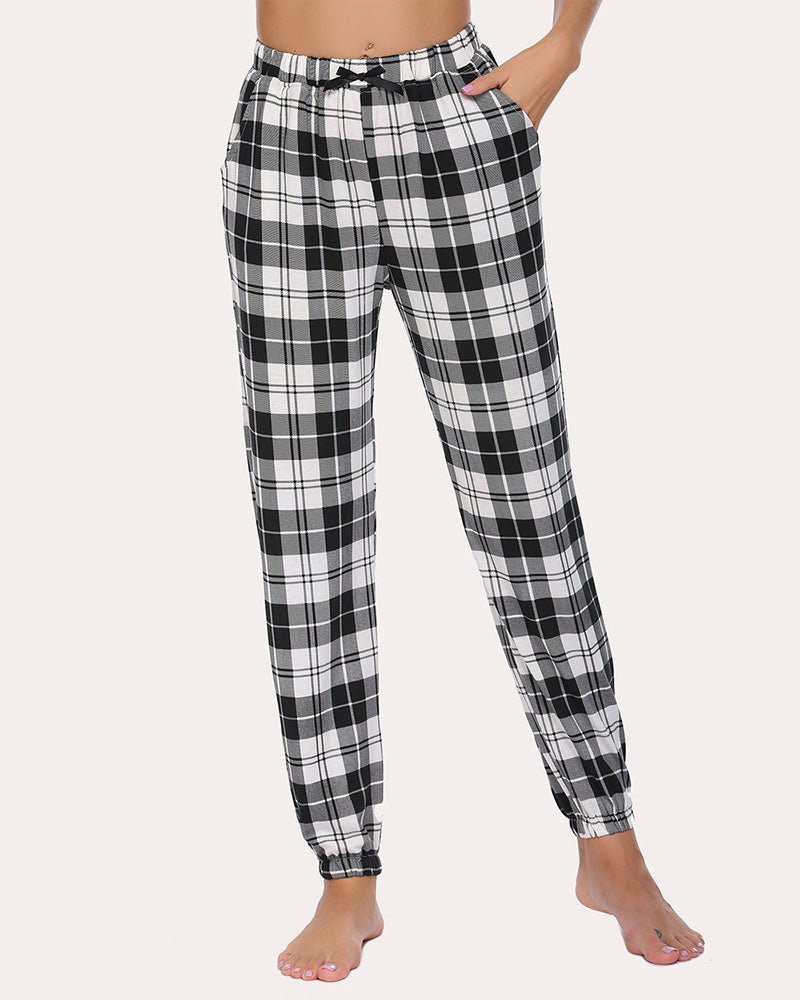 Black-and-white plaid long lounge pants with drawstring waistband and cuffed hems