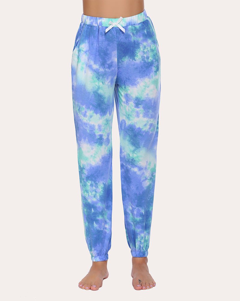 Blue-green tie-dye long lounge pants with drawstring waistband and elastic cuffs