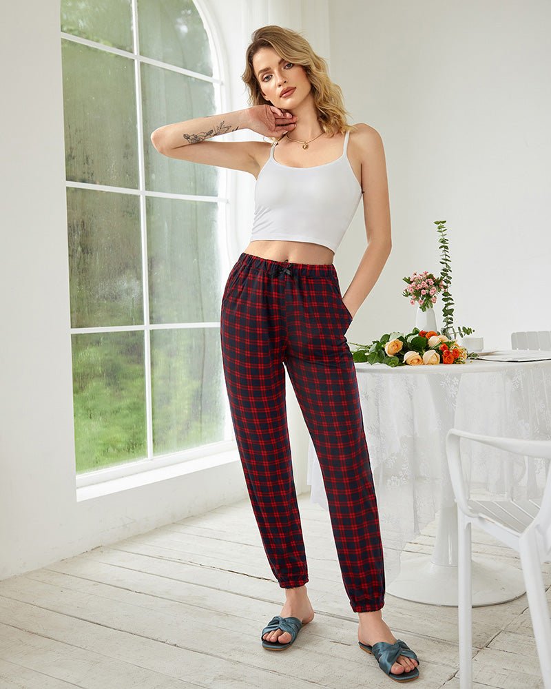 Red plaid Ekouaer lounge pants with drawstring waistband and elastic ankle cuffs