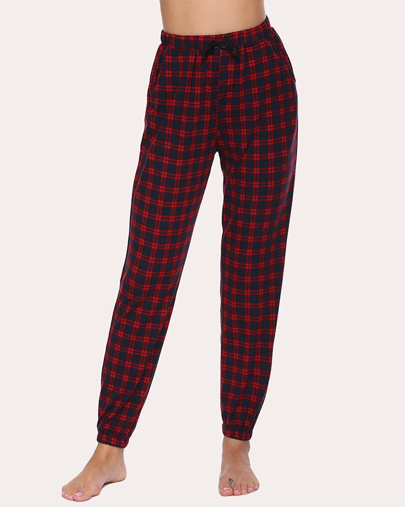 Red plaid long lounge pants with drawstring waistband and slim cuffed legs