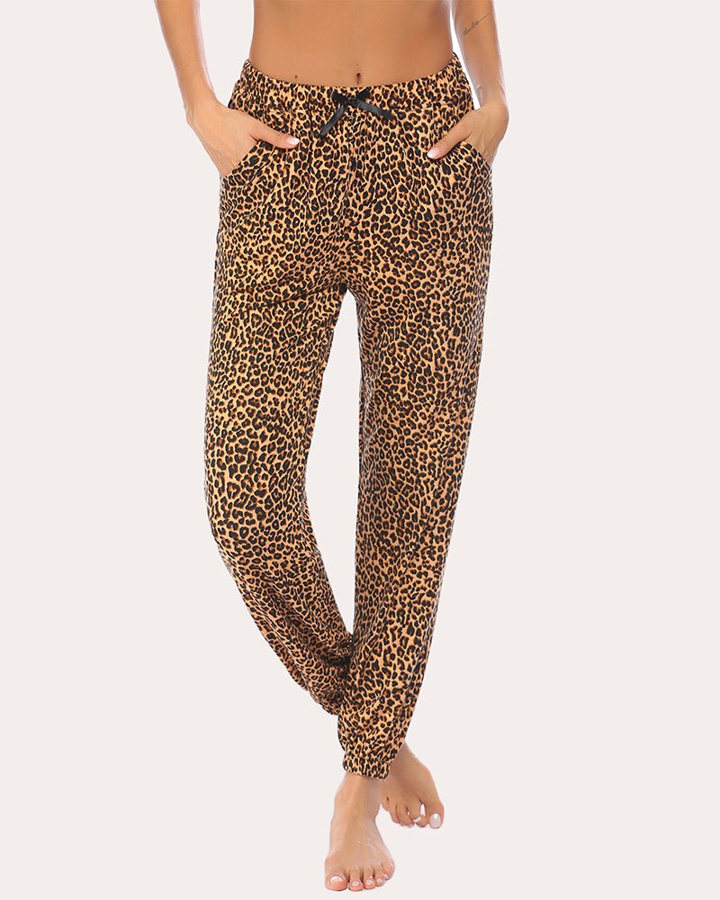Leopard long lounge pants with drawstring waist, full length tapered legs