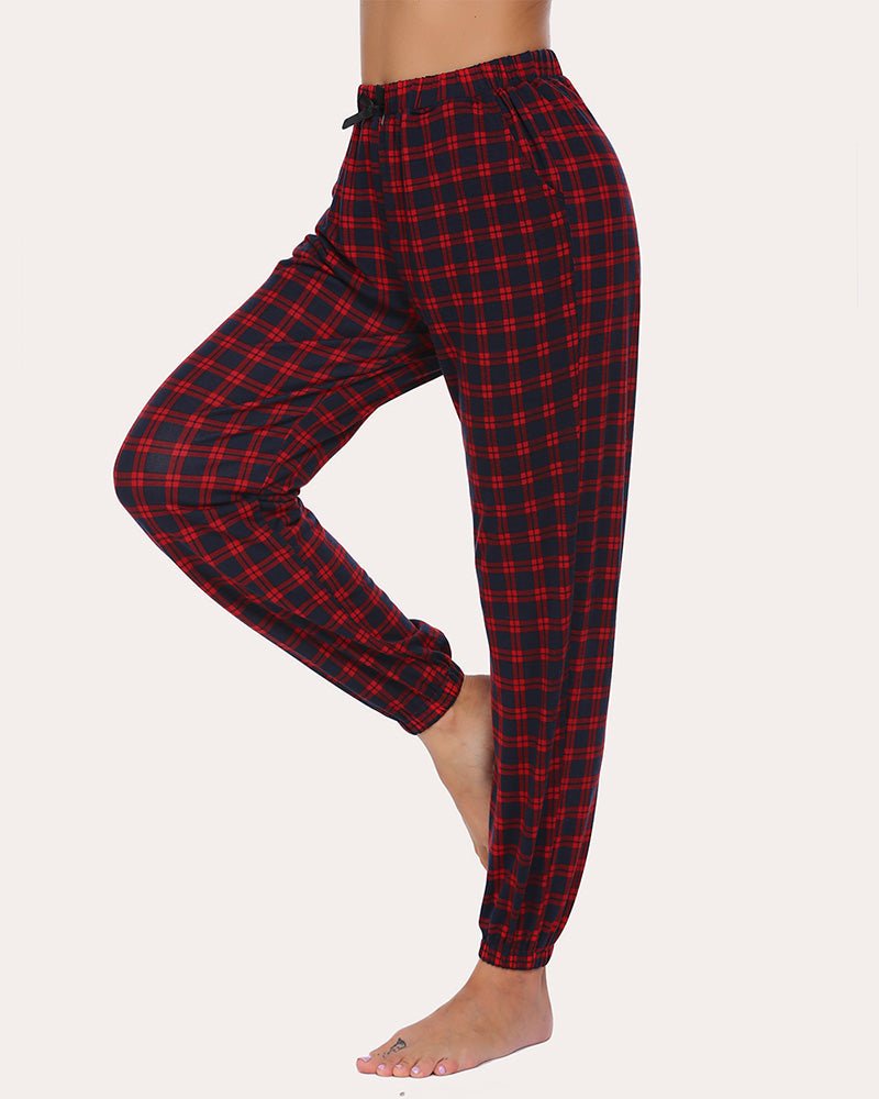 Red plaid long lounge pants, drawstring waist with gathered elastic ankle cuffs