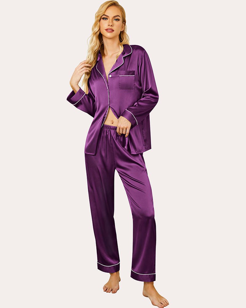 Purple satin pajama set with button front shirt and matching ankle-length pants