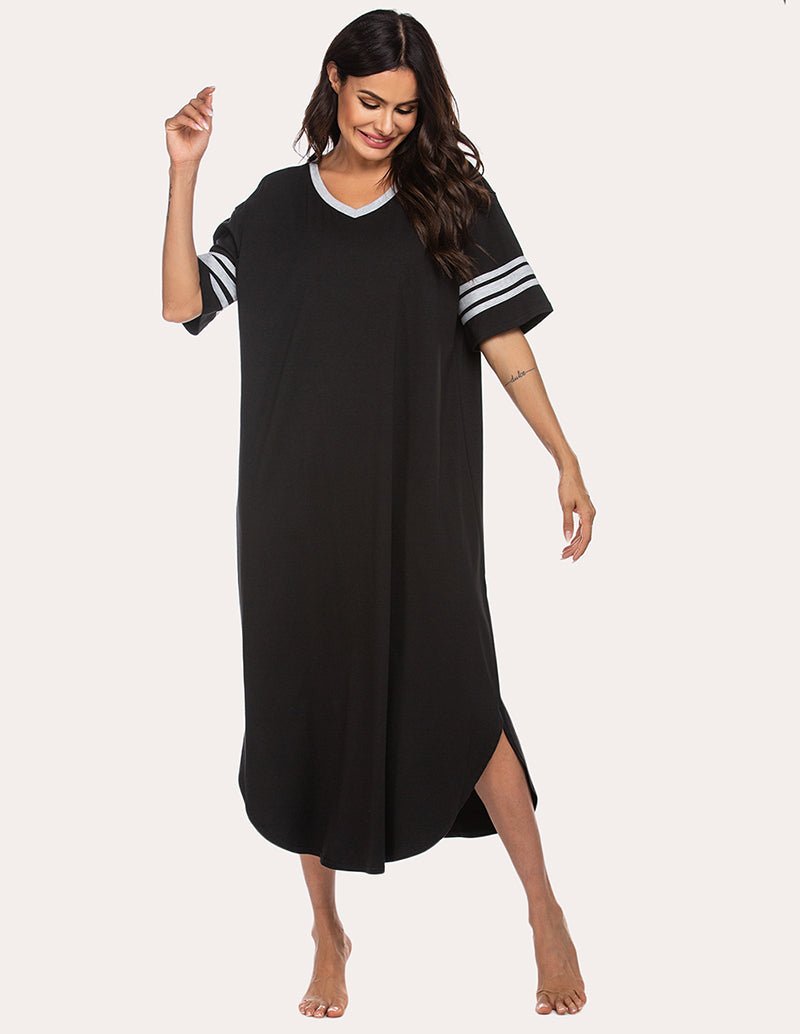 Ekouaer Comfort-Nachthemd, schwarzes V-Ausschnittkleid mit Ringelbündchen an Ärmeln