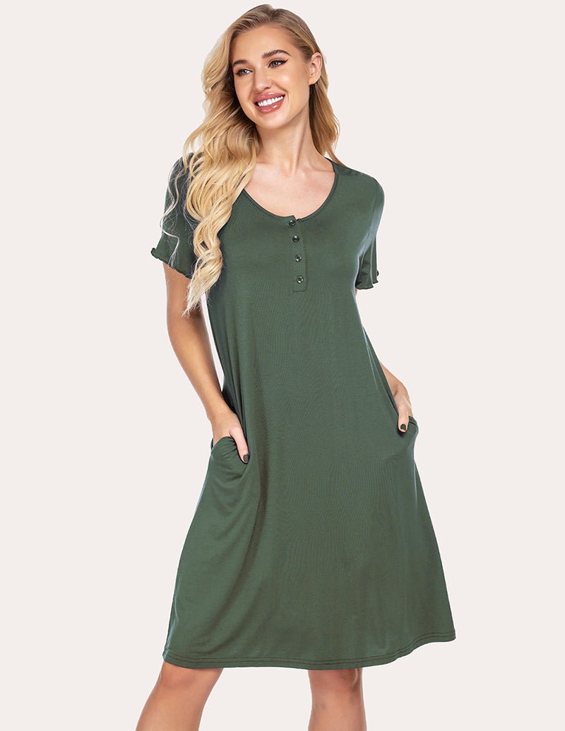 Green sleep dress with rounded neckline, button placket detail, and short ruffle sleeves
