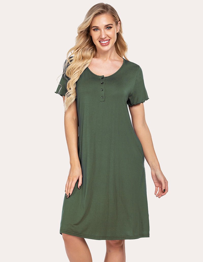 Gemütliches Nachthemdkleid mit V-Ausschnitt, Knopfleiste, kurzen Ärmeln, knielang, Army Green