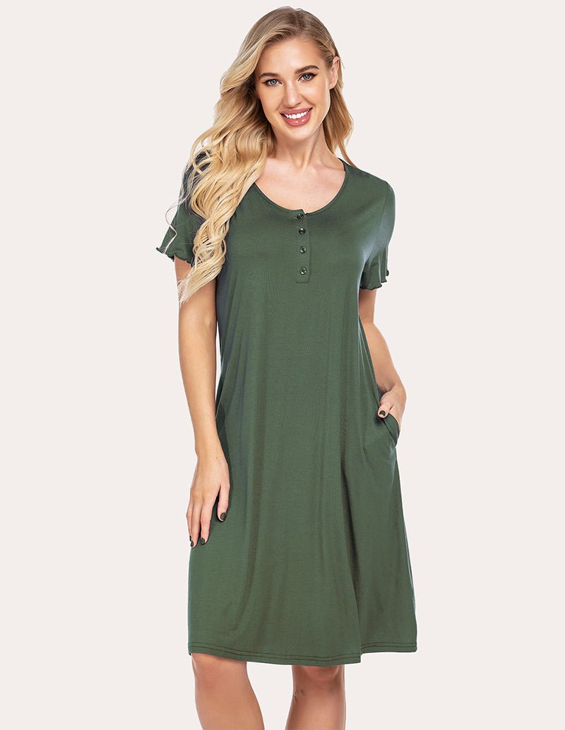 Green sleep dress front view with short sleeves, chest buttons, and relaxed knee-length fit