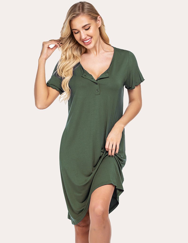 Green sleep dress with V-neck, short sleeves, and side slit for easy movement
