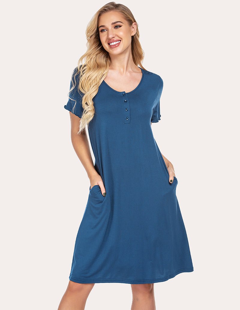 Blue sleep dress with rounded neckline, button placket detail, and short ruffle sleeves