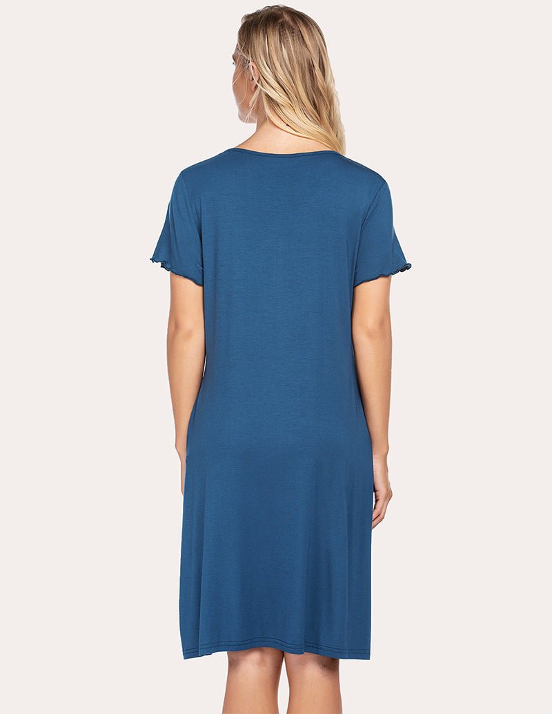 Blue sleep dress back view with short sleeves and knee-length straight skirt hem