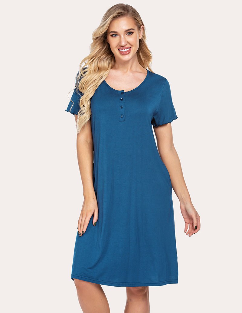 Blue sleep dress with short sleeves and front button placket, knee-length A-line hem