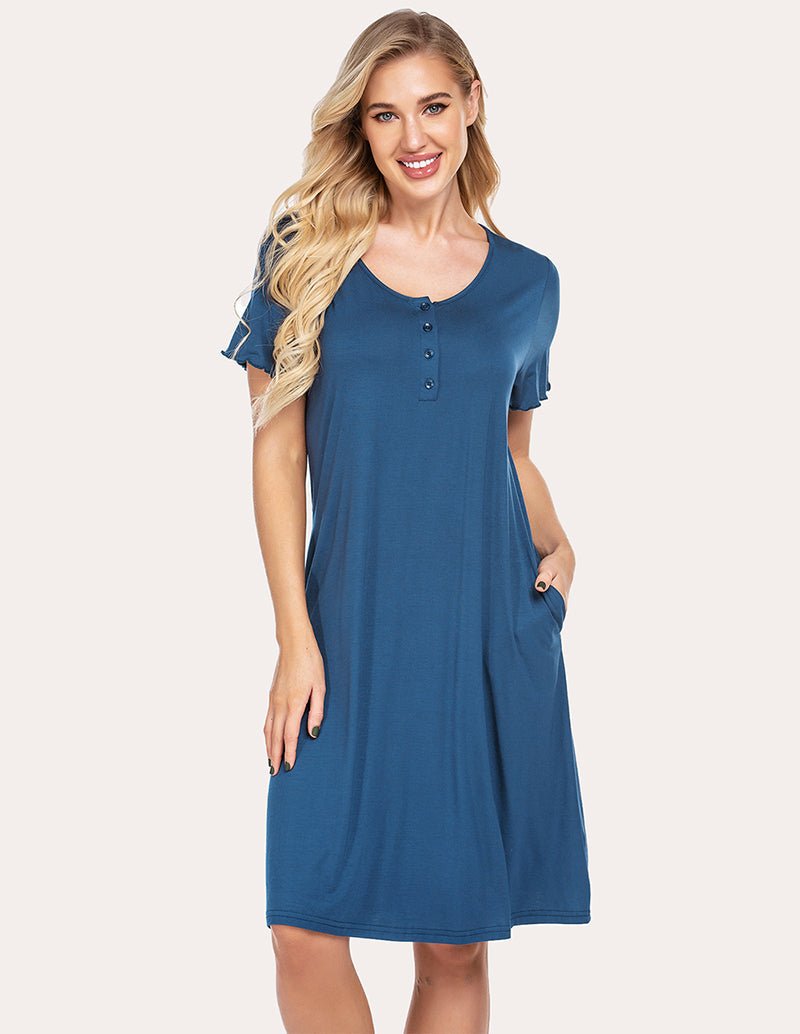 Blue sleep dress front view with short sleeves, chest buttons, and relaxed knee-length fit