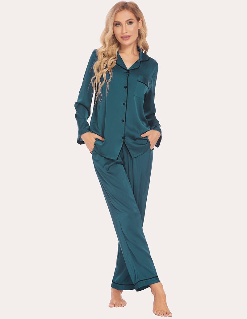 Dark green satin pajama set with contrast collar, button front, and side slip pockets