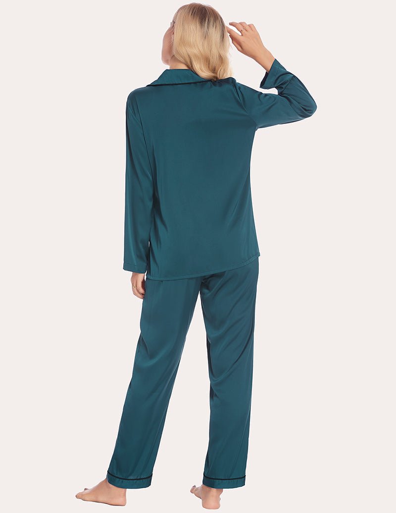 Dark green satin pajama set, button-down shirt back view and matching straight pants