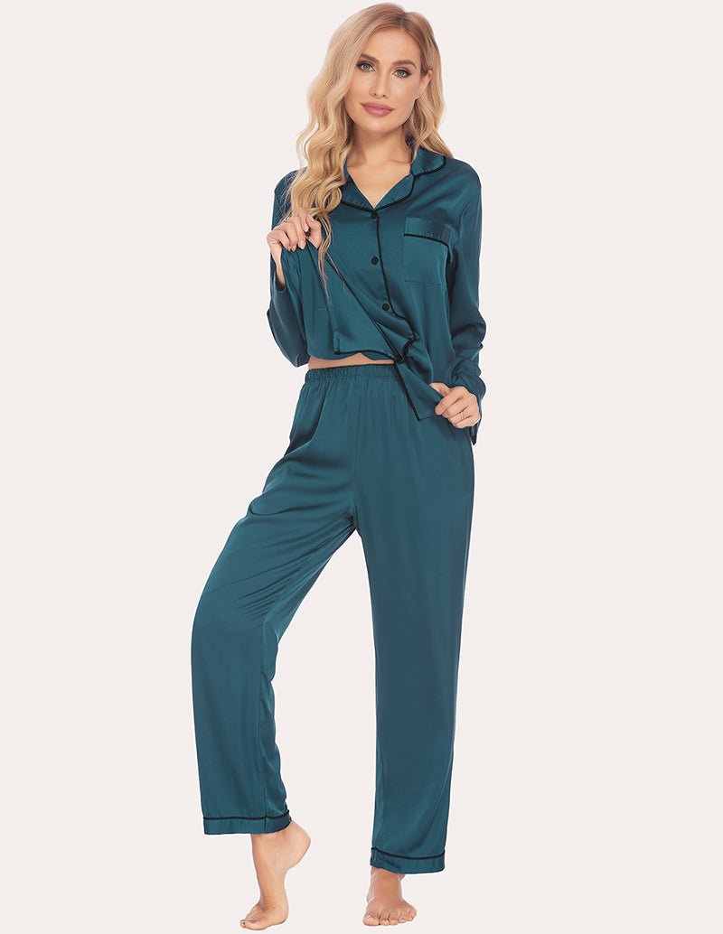 Dark green satin pajama set, button-up shirt with chest pocket and relaxed pant legs