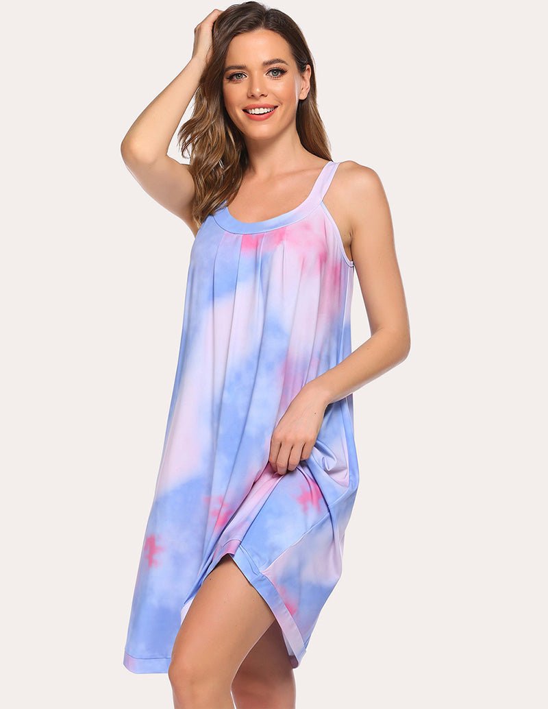 Contrast Color Front-Pleated Nightdress, blue-pink tie-dye sleeveless