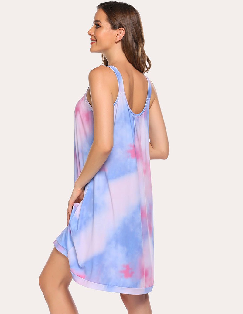 Back view nightdress with contrast trim, blue-pink tie-dye spaghetti straps