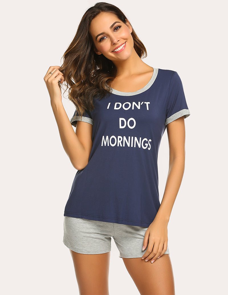 Navy letter-print pajama set with contrast collar and gray sleep shorts, front view