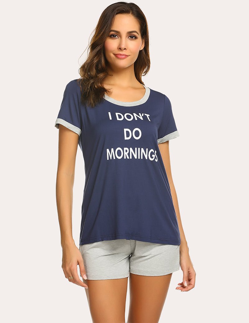 Navy pajama set: contrast-trim T-shirt 'I DON'T DO MORNINGS' and gray shorts