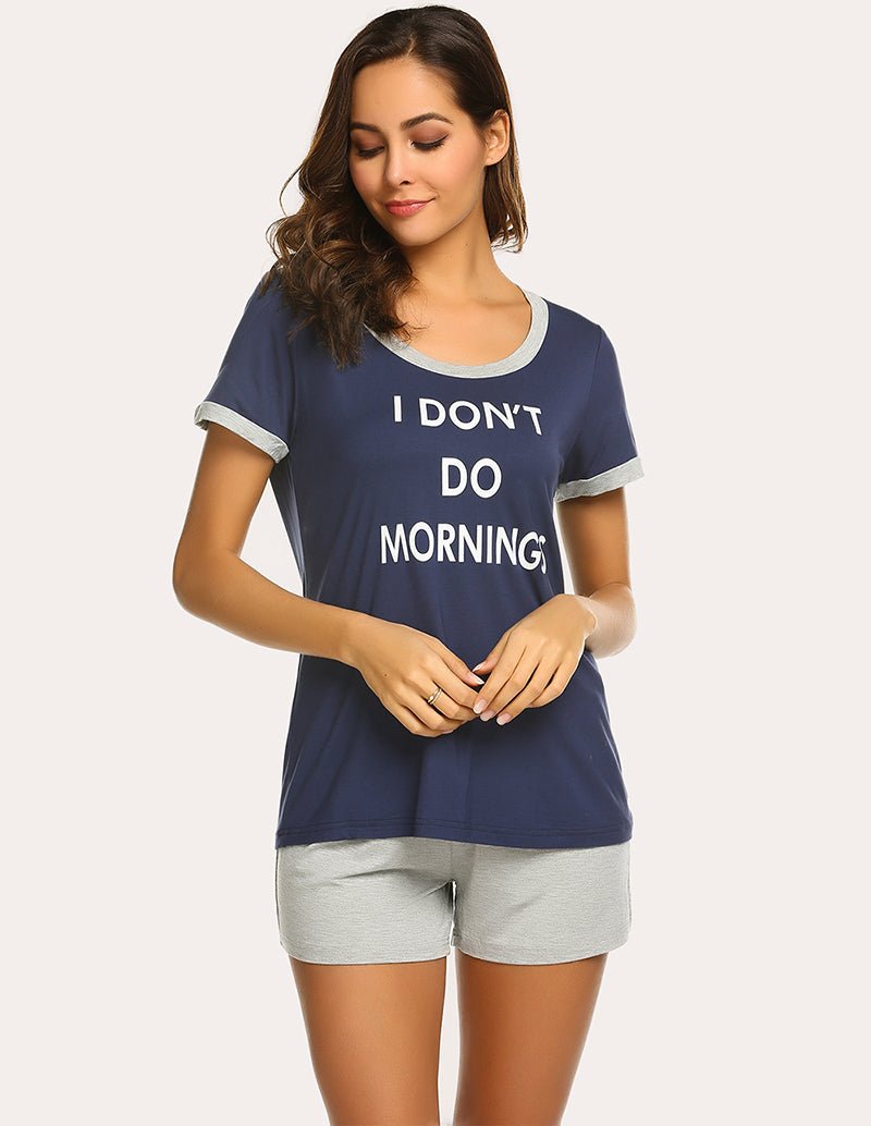 Navy contrast-trim letter pajama top with gray sleep shorts, front pose