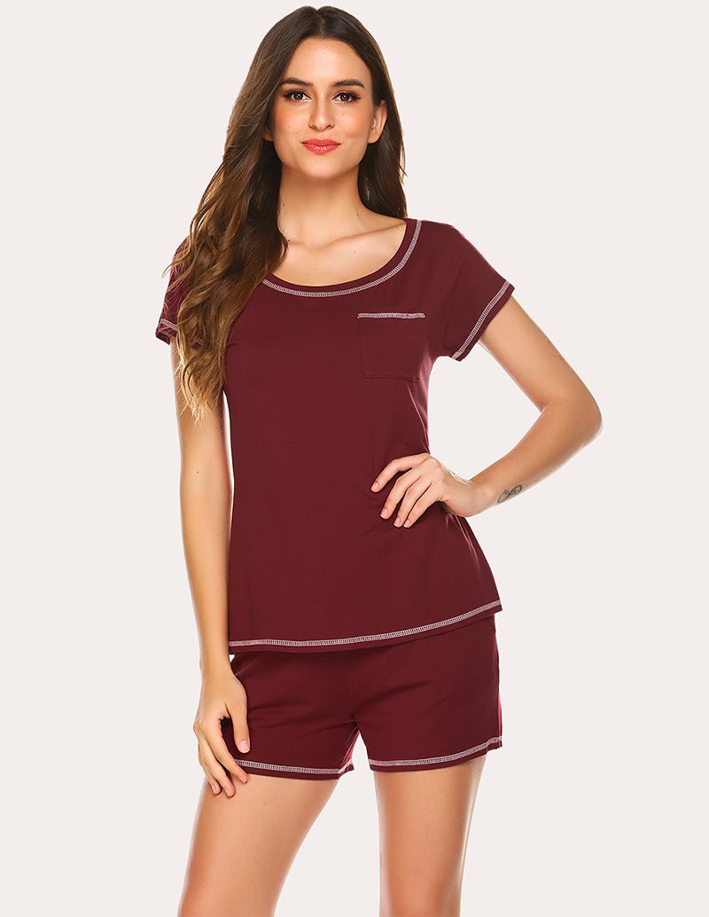 Wine-red pajama set with contrast piping along shirt hem and shorts edge, chest pocket