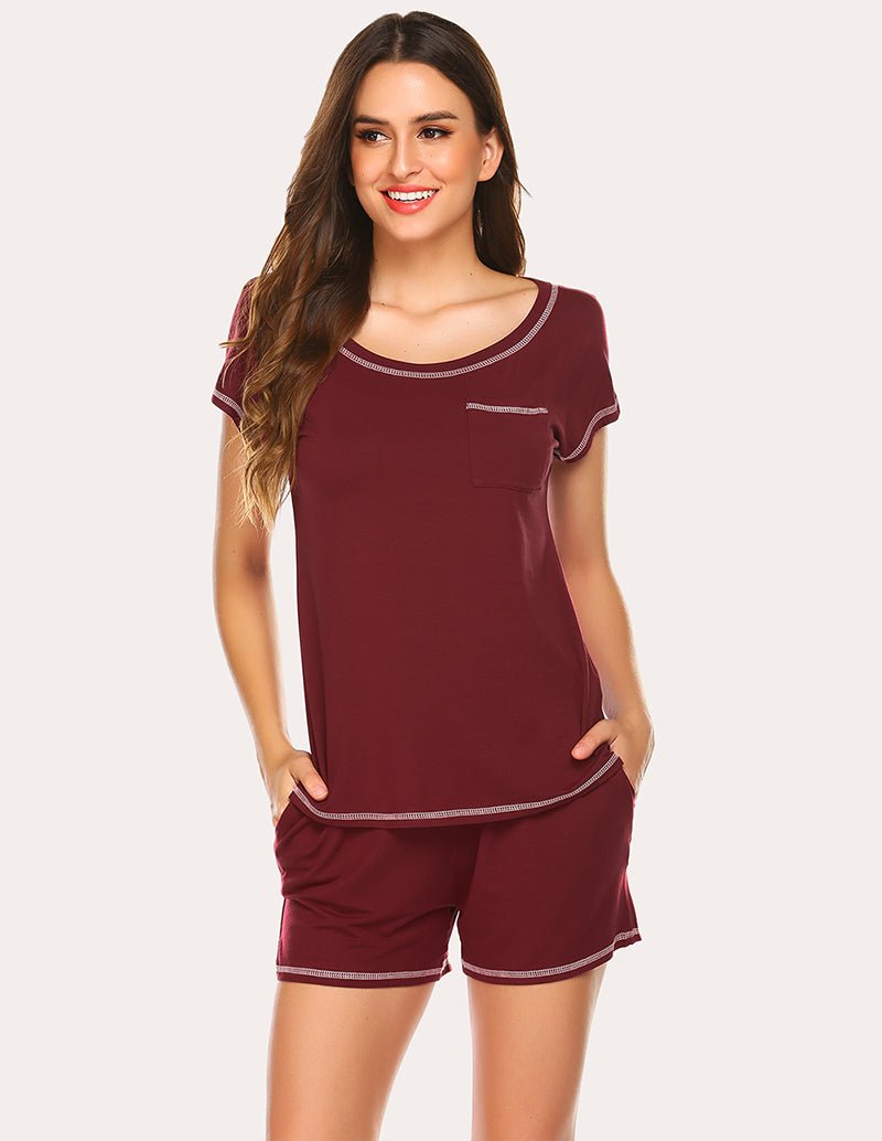 Wine-red pajama set with contrast trim: short-sleeve top and matching drawstring shorts