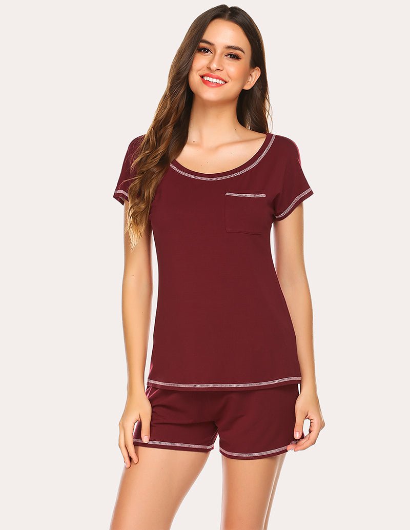 Wine-red short-sleeve pajama set with contrast trim on neckline and pocket