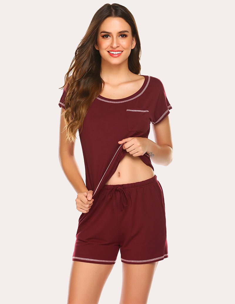 Wine-red pajama set with drawstring shorts and contrast trim on cuffs and hem