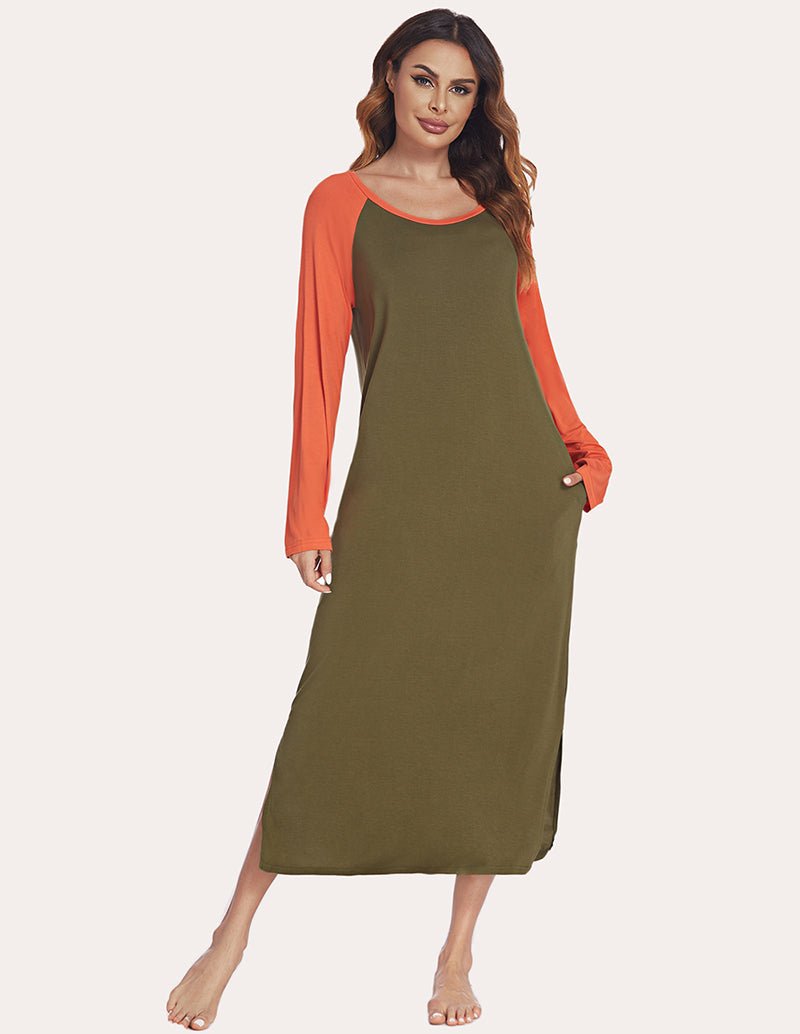 Long sleeve nightdress with contrast orange sleeves and olive bodice, front three-quarter view.