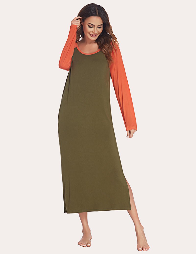 Army-green long-sleeve nightdress with contrast orange raglan sleeves and rounded neckline