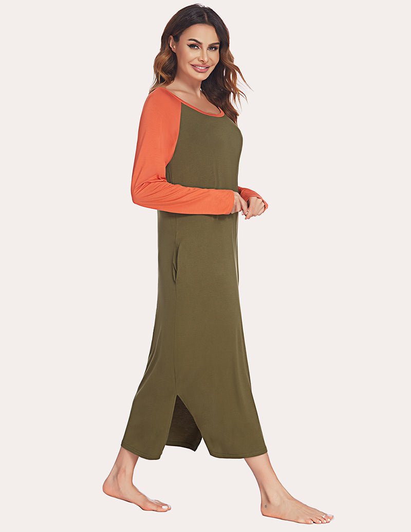 Long sleeve nightdress with contrast orange sleeves and olive bodice, front with leg slit.