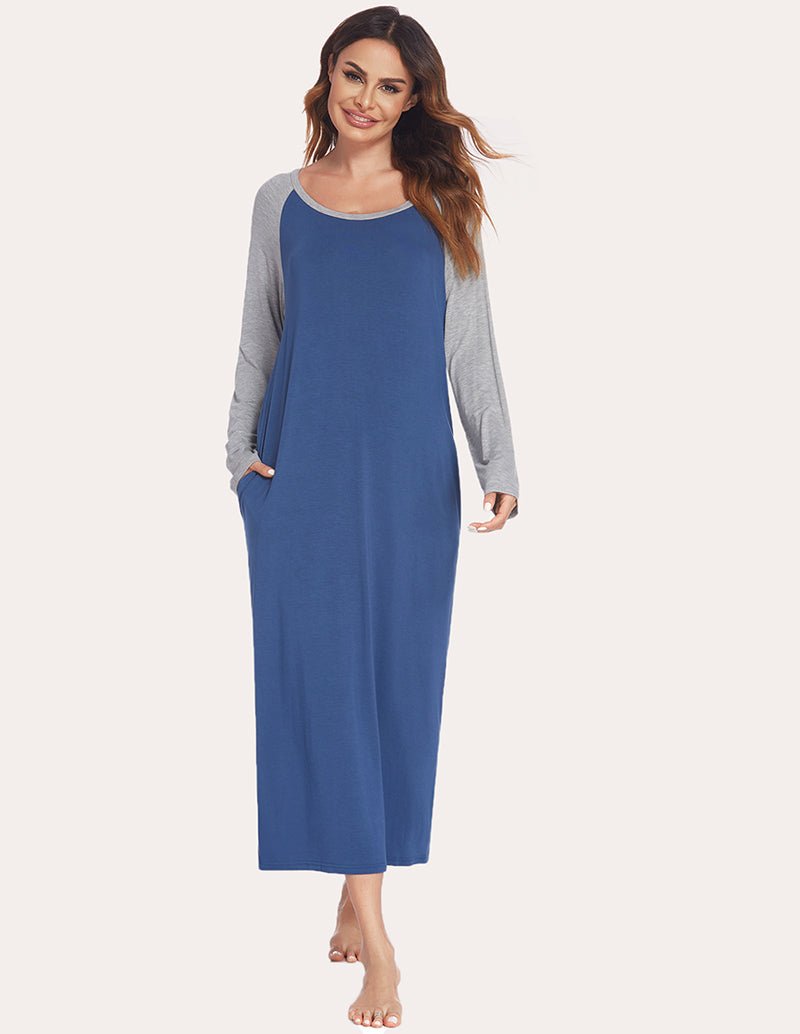 Long sleeve nightdress with contrast gray sleeves and blue bodice, front three-quarter view.