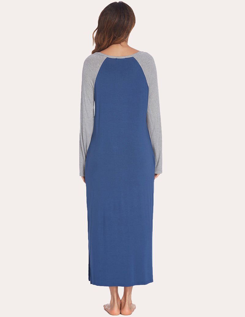 Long sleeve nightdress with contrast gray sleeves and blue bodice, back view.
