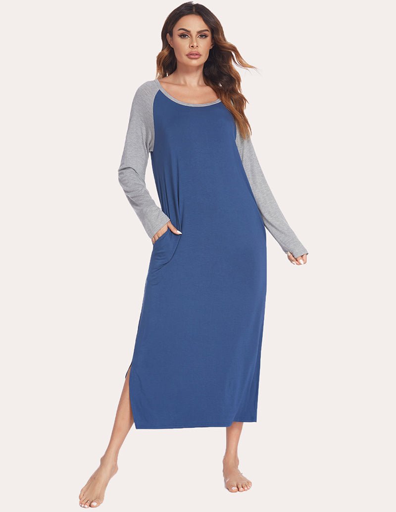 Long sleeve nightdress with contrast gray sleeves and blue bodice, front view.