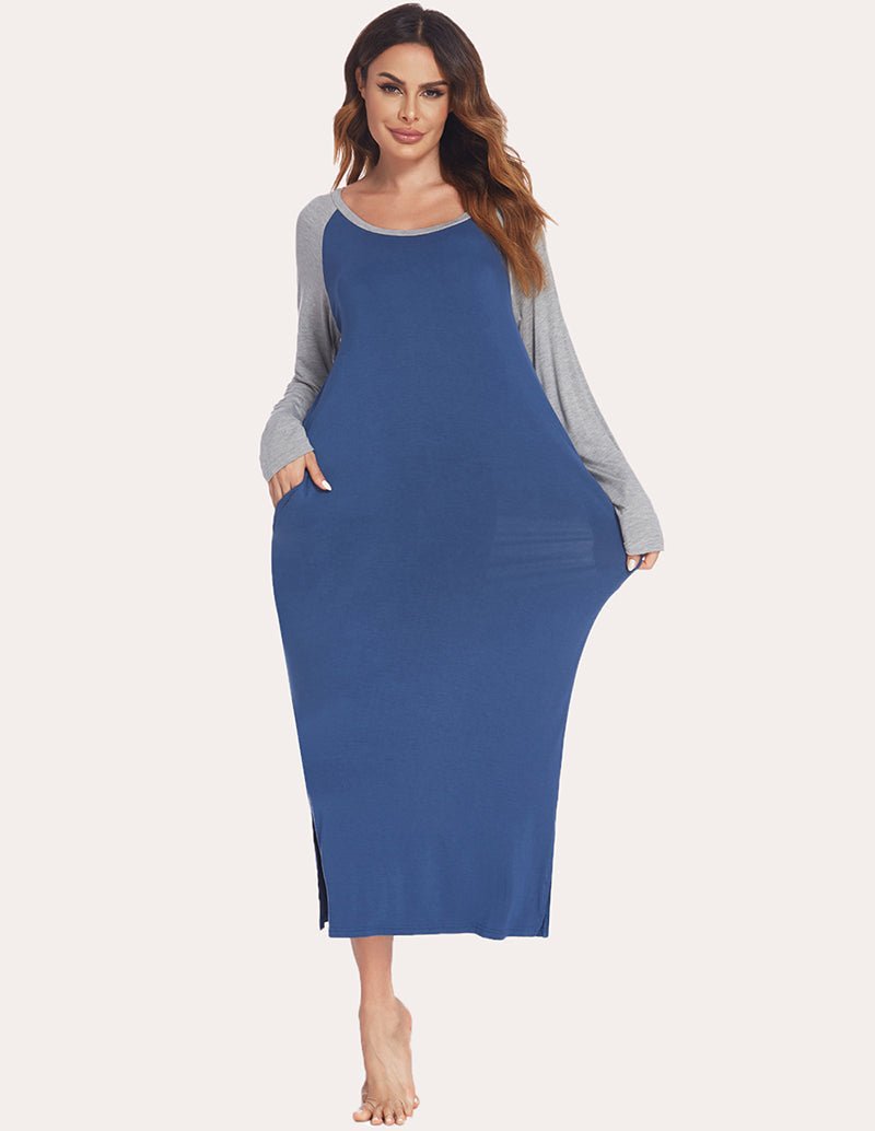 Long sleeve nightdress with contrast gray sleeves and blue bodice, front close stance view.