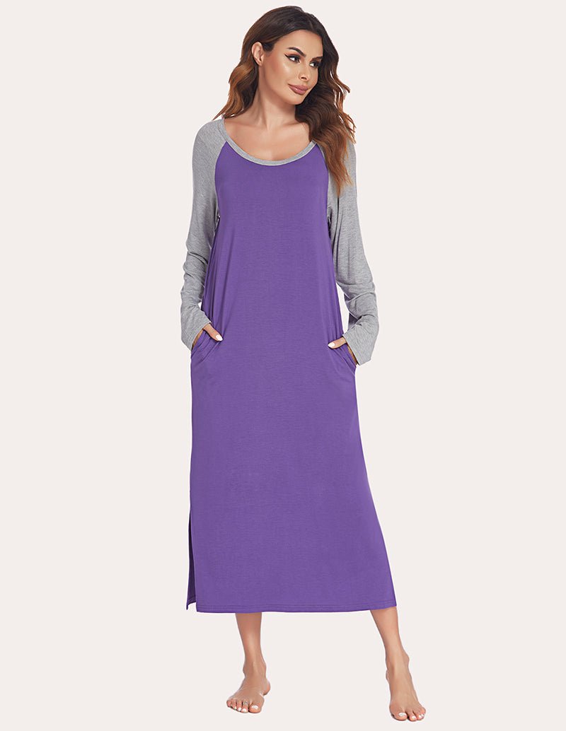 Purple long nightdress with gray contrast raglan sleeves and scoop neck