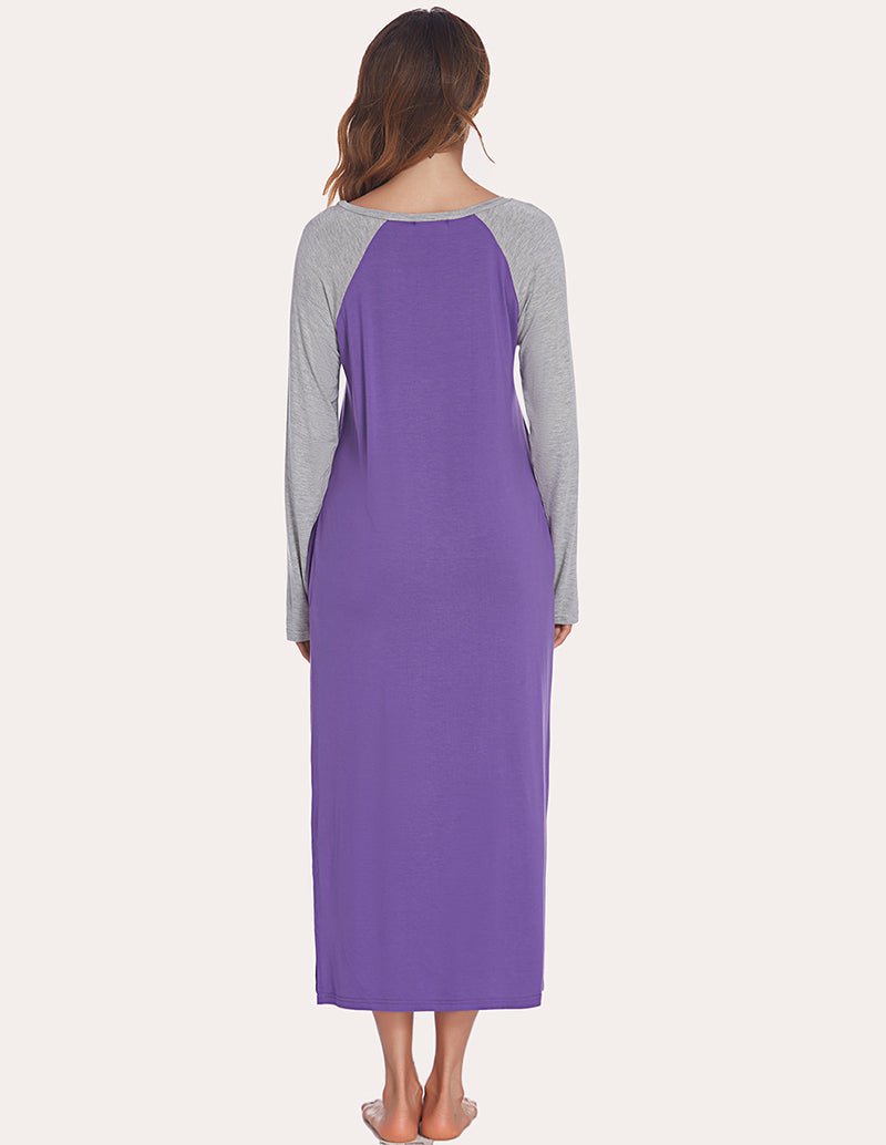 Purple long nightdress with gray contrast sleeves and scoop back neckline