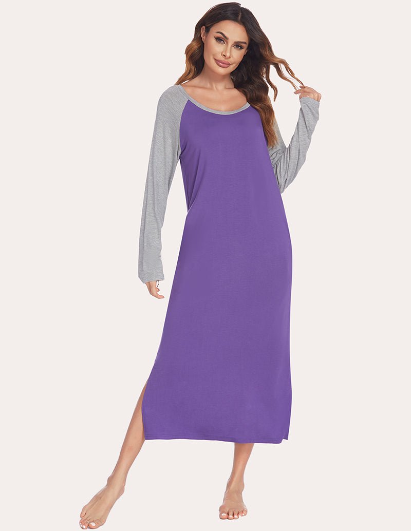 Purple long sleeve nightdress with gray contrast raglan sleeves and scoop neck