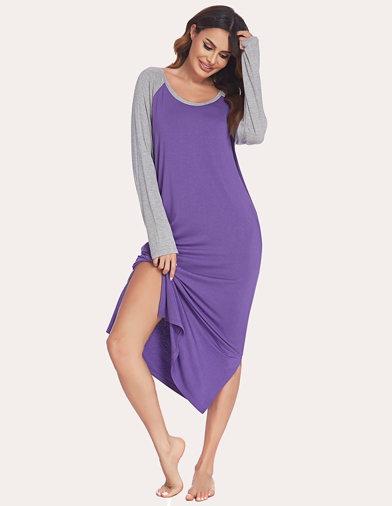 Purple nightdress with gray contrast sleeves, ruched shoulder and tulip-like side drape